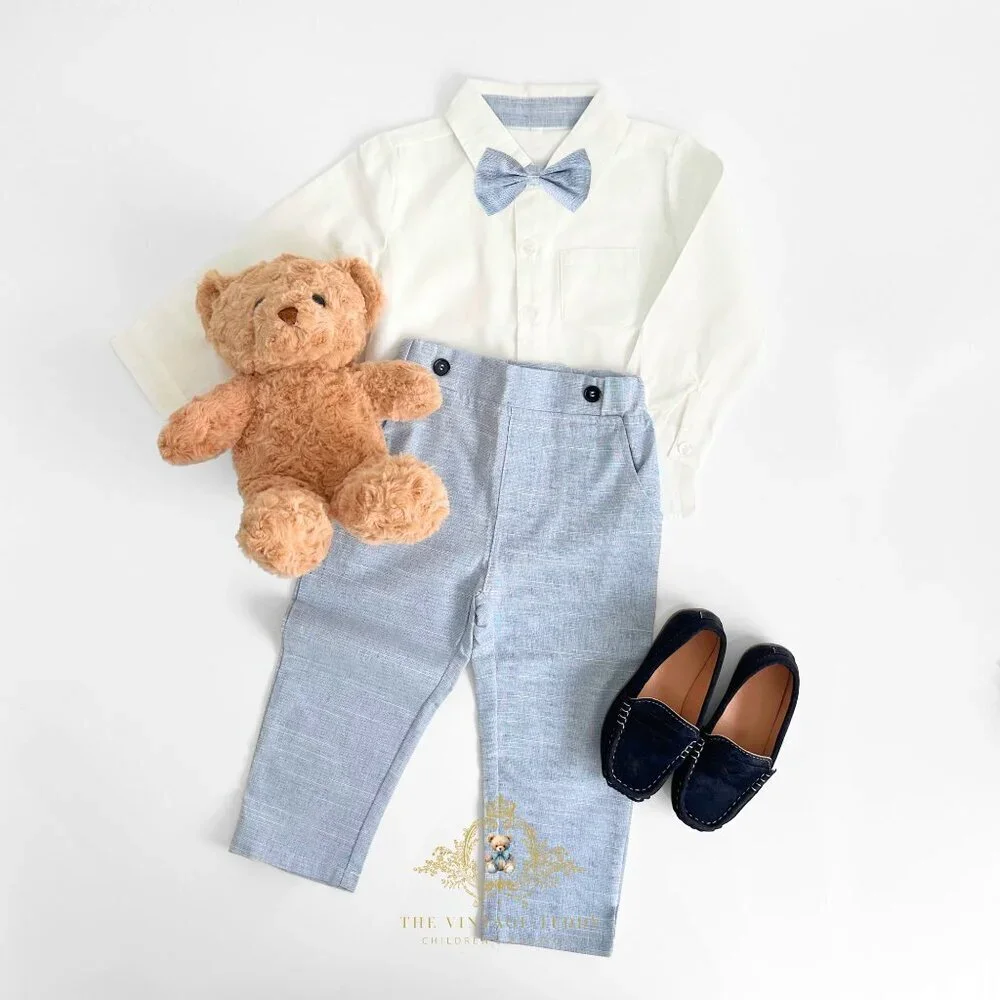 NWT Handsome Boys Oxford Shirt Bow Tie Pants & Suspenders Matching Set 18-24M